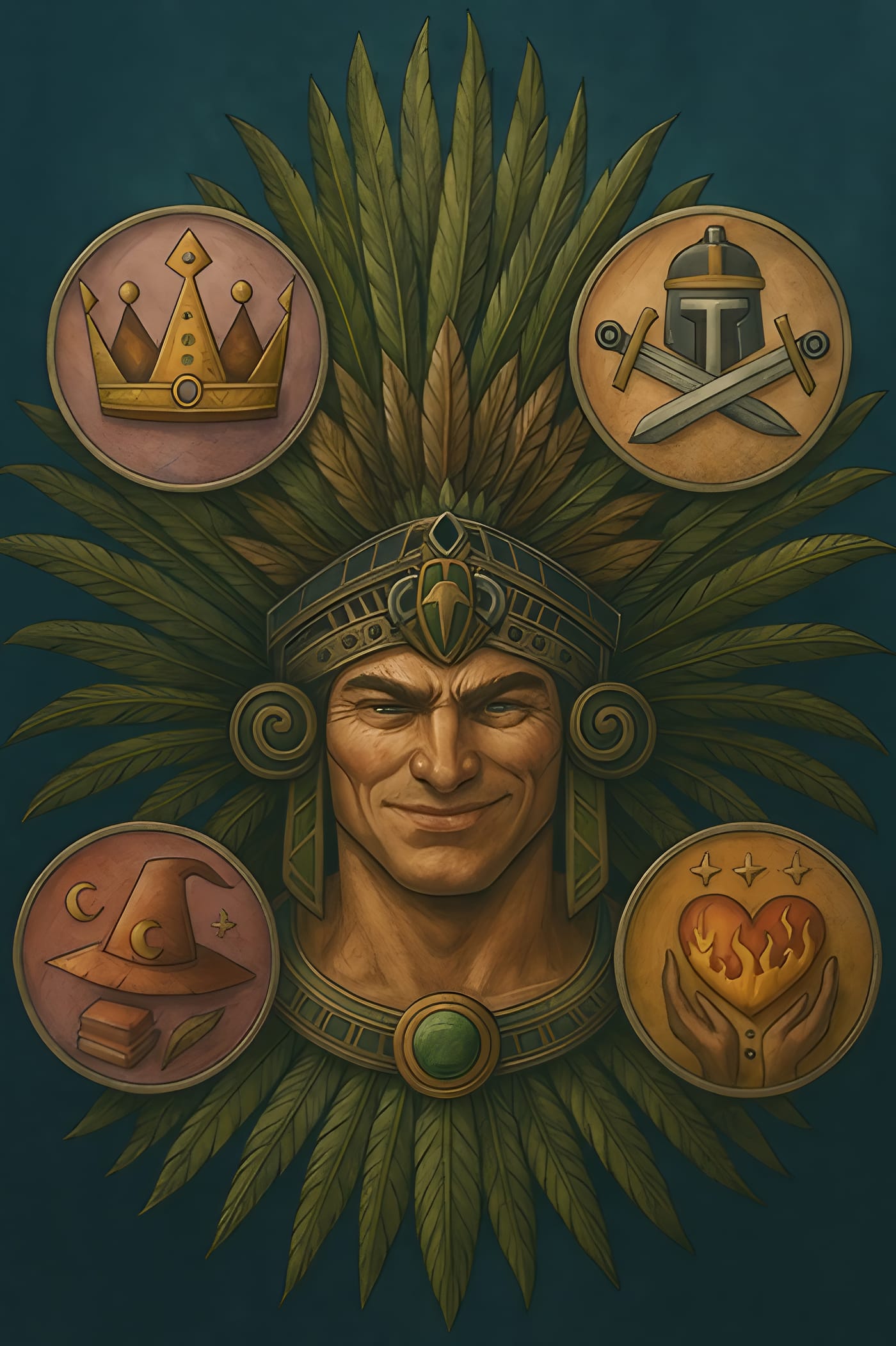 Toltec Warrior surrounded by the four archetypes - King (crown), Warrior (swords), Magician (wizard hat), Lover (flaming heart)